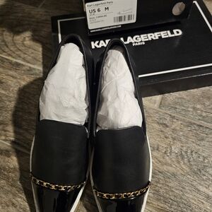 Karl Lagerfeld Women's Black Slip-On Loafers with Gold Chain